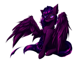 Size: 4050x3285 | Tagged: safe, artist:esth-official, oc, oc:aurora (dimensional shift), pegasus, pony, blue mane, detailed eyes, purple eyes, purple mane, sassy, sitting, spread wings, wings