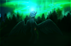 Size: 3111x2009 | Tagged: safe, artist:esth-official, oc, oc:midnight (dimensional shift), alicorn, pony, alicorn oc, aurora borealis, black coat, black mane, blue eyes, complex background, determined, flying, green mane, high res, magic, night, rearing, spread wings, wings