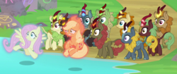 Size: 1500x630 | Tagged: safe, screencap, applejack, autumn afternoon, cinder glow, fern flare, forest fall, maple brown, pumpkin smoke, sparkling brook, spring glow, summer flare, winter flame, earth pony, kirin, pegasus, pony, sounds of silence, background kirin, cropped, female, levitation, magic, male, mare, stream of silence, surprised, telekinesis, worried