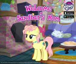 Size: 940x788 | Tagged: safe, gameloft, high tide (g4), earth pony, pony, g4, official, the hearth's warming club, female, indoors, mare, my little pony logo, solo