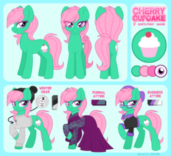 Size: 1953x1782 | Tagged: safe, artist:sickly-sour, oc, oc only, oc:cherry cupcake, earth pony, pony, baseball cap, beanie, cap, clothes, commission, cupcake, dress, female, food, glasses, hat, outfit, pink hair, purple eyes, reference sheet, shirt, solo, sweater