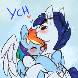 Size: 3000x3000 | Tagged: safe, artist:pesty_skillengton, rainbow dash, oc, pony, g4, canon x oc, commission, confused, couple, cute, female, high res, hug, love, male, mare, shipping, straight, your character here