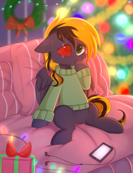 Size: 1635x2130 | Tagged: safe, artist:pesty_skillengton, oc, oc only, oc:shade demonshy, pegasus, pony, christmas, christmas tree, clothes, confused, cute, female, heterochromia, holiday, phone, solo, sweater, tree