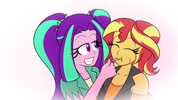 Size: 1280x720 | Tagged: safe, artist:jake heritagu, aria blaze, sunset shimmer, comic:aria's archives, equestria girls, g4, my little pony equestria girls: better together, cute, eyes closed, feeding, female, lesbian, shimmerbetes, shipping, spoon, sunblaze