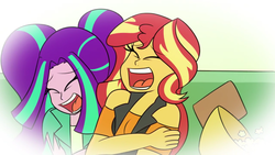 Size: 1280x720 | Tagged: safe, artist:jake heritagu, aria blaze, sunset shimmer, comic:aria's archives, equestria girls, g4, my little pony equestria girls: better together, female, laughing, lesbian, shipping, sunblaze