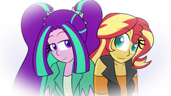 Size: 1280x720 | Tagged: safe, artist:jake heritagu, aria blaze, sunset shimmer, comic:aria's archives, equestria girls, g4, my little pony equestria girls: better together, female, lesbian, looking at each other, shipping, sunblaze