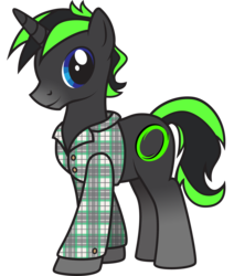 Size: 2059x2428 | Tagged: safe, artist:lightning stripe, derpibooru exclusive, oc, oc only, oc:vortex zero, pony, unicorn, g4, black, black coat, black hair, black mane, blue eyes, buttons, clothes, cutie mark, gradient hooves, green, green mane, high res, horn, request, requested art, shirt, show accurate, simple background, solo, transparent background