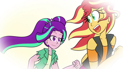 Size: 1280x720 | Tagged: safe, artist:jake heritagu, aria blaze, sunset shimmer, comic:aria's archives, equestria girls, g4, my little pony equestria girls: better together, female, lesbian, looking at each other, shipping, sunblaze