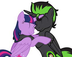 Size: 3150x2508 | Tagged: safe, artist:lightning stripe, derpibooru exclusive, twilight sparkle, oc, oc:midnight (dimensional shift), alicorn, pony, g4, alicorn oc, black, canon x oc, cuddling, cute, cutie mark, eyelashes, green, high res, horn, hug, purple, request, requested art, show accurate, simple background, tail, transparent background, twilight sparkle (alicorn), wings