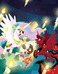 Size: 648x828 | Tagged: safe, artist:tonyfleecs, firebrand, princess celestia, princess luna, strong oak, thrilly filly, alicorn, pony, g4, tails of equestria, the haunting of equestria, cover, game, princess argent, princess solar, tabletop game