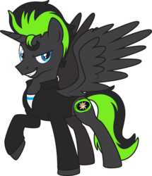 Size: 3204x3733 | Tagged: safe, artist:lightning stripe, derpibooru exclusive, oc, oc only, oc:midnight (dimensional shift), alicorn, pony, g4, alicorn oc, black, black coat, clothes, cowlick, cutie mark, green, high res, horn, jacket, request, requested art, shirt, show accurate, simple background, solo, tail, transparent background, wings