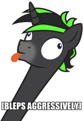 Size: 1219x1784 | Tagged: safe, artist:lightning stripe, derpibooru exclusive, oc, oc only, oc:vortex zero, pony, unicorn, :p, black, black coat, blue eyes, caption, derp, horn, image macro, impact font, meme, show accurate, silly, silly face, silly pony, simple background, solo, text, tongue out, transparent background