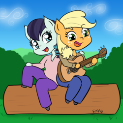 Size: 1000x1000 | Tagged: safe, artist:empyu, applejack, coloratura, earth pony, anthro, semi-anthro, g4, 30 minute art challenge, acoustic guitar, arm hooves, bush, clothes, cloud, duo, female, freckles, grass, guitar, lesbian, log, musical instrument, open mouth, pants, rara, ship:rarajack, shipping, signature, sitting, sky