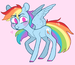 Size: 980x854 | Tagged: safe, artist:jellybeanbullet, rainbow dash, pegasus, pony, g4, blushing, cute, dashabetes, female, heart, mare, open mouth, pink background, simple background, smiling, solo, unshorn fetlocks