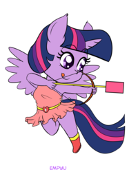 Size: 800x1000 | Tagged: safe, artist:empyu, twilight sparkle, alicorn, anthro, g4, 45 minute art challenge, arrow, boots, bow (weapon), bow and arrow, chibi, clothes, cupid, dress, female, shoes, simple background, solo, twilight sparkle (alicorn), weapon, white background