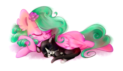 Size: 1024x588 | Tagged: safe, artist:pinkablue, oc, cat, pegasus, pony, cute, eyes closed, female, flower, flower in hair, mare, simple background, sleeping, white background