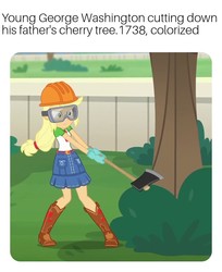 Size: 638x780 | Tagged: safe, edit, edited screencap, screencap, applejack, diy with applejack, equestria girls, equestria girls series, g4, spoiler:eqg series (season 2), axe, belt, boots, caption, chopping, clothes, denim skirt, fake history, female, fitting, frown, george washington, goggles, hard hat, helmet, image macro, meme, safety goggles, shirt, shoes, skirt, solo, t-shirt, text, tree, weapon