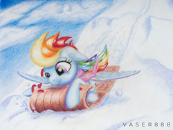 Size: 1500x1125 | Tagged: safe, artist:vaser888, rainbow dash, pegasus, pony, g4, clothes, cute, dashabetes, female, mare, scarf, sled, smiling, snow, solo, spread wings, traditional art, wings, winter