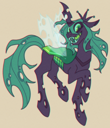 Size: 1339x1558 | Tagged: safe, artist:hebitonetsu, queen chrysalis, changeling, changeling queen, g4, digital art, evil grin, female, grin, looking at you, mare, open mouth, quadrupedal, sharp teeth, simple background, smiling, solo, tan background, teeth