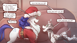 Size: 3840x2162 | Tagged: safe, artist:icychamber, rarity, sweetie belle, pony, robot, robot pony, unicorn, comic:sweetiebot ho ho ho, g4, christmas, clothes, comic, costume, couch, cutie mark, duo, fainting couch, fake beard, female, hat, high res, holiday, horn, indoors, mare, profile, santa claus, santa costume, santa hat, speech bubble, sweetie bot