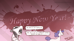 Size: 3840x2162 | Tagged: safe, artist:icychamber, rarity, sweetie belle, pony, robot, robot pony, unicorn, comic:sweetiebot ho ho ho, g4, ..., alternate hairstyle, comic, crying, duo, faic, female, happy new year, high res, holiday, horn, mare, speech bubble, sweetie bot