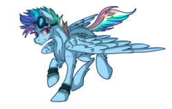 Size: 2701x1720 | Tagged: safe, artist:downpourpony, pegasus, pony, armband, female, g5 concept leaks, goggles, mare, rainbow dash (g5 concept leak), simple background, smiling, solo, transparent background