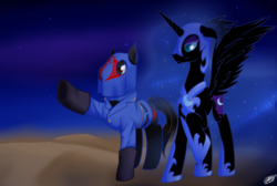 Size: 3300x2222 | Tagged: safe, artist:mylittlesheepy, nightmare moon, earth pony, pony, g4, clothes, cobra commander, commission, crossover, duo, g.i. joe, high res, mask, night, pointing, ponified, raised hoof, signature, slit pupils, unamused, uniform