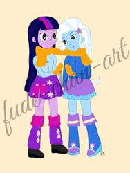 Size: 1080x1440 | Tagged: safe, artist:fude-chan-art, trixie, twilight sparkle, equestria girls, g4, boots, clothes, cute, female, gloves, jacket, lesbian, obtrusive watermark, scarf, ship:twixie, shipping, shoes, simple background, skirt, smiling, watermark, white background