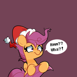 Size: 1280x1280 | Tagged: safe, artist:turtlefarminguy, scootaloo, pegasus, pony, g4, christmas, clothes, cute, exclamation point, female, filly, hat, holiday, interrobang, question mark, santa hat, simple background