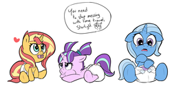 Size: 2048x1024 | Tagged: safe, artist:lazynore, starlight glimmer, sunset shimmer, trixie, pony, unicorn, accident, age regression, baby, babyset shimmer, counterparts, cute, diaper, diatrixes, floating heart, foal, glimmerbetes, heart, implied princess celestia, implied time travel, implied twilight sparkle, pacifier, shimmerbetes, simple background, speech bubble, teary eyes, twilight's counterparts, white background
