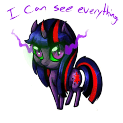 Size: 400x400 | Tagged: safe, artist:sinsays, twilight sparkle, pony, unicorn, ask corrupted twilight sparkle, g4, animated, chibi, color cycling, corrupted, corrupted twilight sparkle, curved horn, cute, dark, dark equestria, dark magic, dark queen, dark world, female, gif, horn, i can see everything, magic, part of a series, possessed, queen twilight, shiny, solo, sombra eyes, sombra horn, tumblr, tyrant sparkle, unicorn twilight