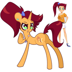 Size: 1280x1280 | Tagged: safe, artist:turtlefarminguy, human, pony, unicorn, auriana, clothes, female, hand on hip, jewelry, lolirock, looking at you, looking back, mare, miniskirt, necklace, open mouth, ponified, ponytail, shirt, shoes, simple background, skirt, underhoof, white background