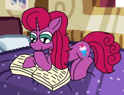 Size: 1301x1000 | Tagged: safe, artist:徐詩珮, oc, oc:betty pop, pony, unicorn, bed, book, female, magical lesbian spawn, mare, next generation, offspring, on bed, parent:glitter drops, parent:tempest shadow, parents:glittershadow, prone