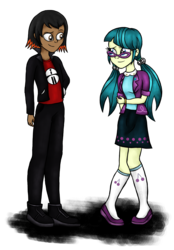 Size: 2371x3400 | Tagged: safe, artist:deannaphantom13, juniper montage, oc, oc:omni, equestria girls, g4, clothes, commission, cute, equestria girls-ified, female, glasses, high res, looking at each other, male, pants, pigtails, shoes, simple background, skirt, smiling, socks, transparent background