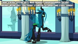 Size: 889x500 | Tagged: safe, edit, edited screencap, screencap, queen chrysalis, changeling, changeling queen, a canterlot wedding, g4, candle, canterlot, caption, female, image macro, impact font, pillar, solo, text, window