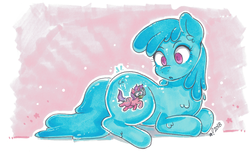 Size: 4284x2636 | Tagged: safe, artist:stardrawsponies, artist:starsheepsweaters, oc, oc only, oc:flowheart, oc:tinisparkler, goo pony, original species, pony, unicorn, confused, fetish, micro, scuba diving, size difference, vore, willing vore