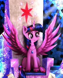 Size: 5200x6400 | Tagged: safe, artist:darksly, twilight sparkle, alicorn, pony, g4, absurd resolution, blushing, bracelet, cute, ear fluff, female, fluffy, friendship throne, gem, horseshoes, jewelry, mare, necklace, open mouth, smiling, solo, spread wings, throne, twiabetes, twilight sparkle (alicorn), wing fluff, wings