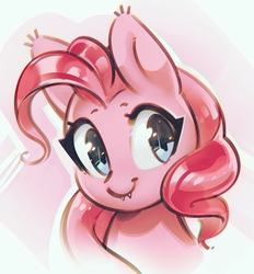 Size: 1114x1201 | Tagged: dead source, safe, artist:mirroredsea, pinkie pie, earth pony, pony, g4, cute, cute little fangs, fangs, female, mare, smiling, solo