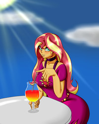 Size: 2000x2500 | Tagged: safe, artist:albertbm, sunset shimmer, equestria girls, equestria girls series, g4, spring breakdown, spoiler:eqg series (season 2), blushing, clothes, cloud, drink, female, glasses, high res, looking at you, sky, solo, sun