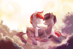 Size: 3508x2376 | Tagged: safe, artist:graypaint, oc, oc:scribble, pegasus, pony, cloud, duo, high res, snuggling