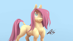 Size: 3840x2162 | Tagged: safe, artist:icychamber, fluttershy, pony, g4, blue background, dock, female, hair over one eye, high res, mare, missing cutie mark, simple background, solo, wingless