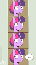 Size: 2815x5000 | Tagged: safe, artist:icychamber, twilight sparkle, pony, g4, alternate hairstyle, bust, comic, female, hair bun, mare, reaction, reaction image, solo, speech, speech bubble, style emulation, weird