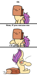 Size: 700x1450 | Tagged: safe, artist:paperbagpony, oc, oc only, oc:paper bag, earth pony, pony, butt, comic, dialogue, face down ass up, faceplant, faint, falling, flop, ok, paper bag, plot, raised hoof, silly, simple background, smiling, standing, text, underhoof, wavy mouth, white background