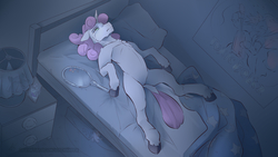 Size: 3840x2160 | Tagged: safe, artist:icychamber, sweetie belle, pony, robot, fanfic:flesh and blood, g4, bed, bedroom, blank flank, crying, dock, fanfic art, female, high res, lying on bed, mare, mirror, partial color, realization, solo, sweetie bot