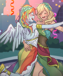 Size: 1000x1200 | Tagged: safe, artist:dcon, applejack, rainbow dash, human, equestria girls, g4, blushing, bridesmaid dress, clothes, dancing, dress, eyes closed, female, happy, humanized, lesbian, open mouth, ship:appledash, shipping, smiling, winged humanization, wings