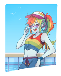 Size: 1000x1259 | Tagged: safe, artist:dcon, rainbow dash, human, equestria girls, equestria girls series, g4, spring breakdown, spoiler:eqg series (season 2), belly button, clothes, eyes closed, female, front knot midriff, glasses, hat, midriff, open mouth, pants, sky, sleeveless, smiling, solo, tank top, water, wristband
