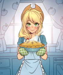 Size: 1000x1200 | Tagged: safe, artist:dcon, applejack, human, equestria girls, g4, spoiler:comic, spoiler:comic72, anime, applejack's hat, apron, beautiful, blushing, clothes, cowboy hat, cute, dress, equestria girls interpretation, female, food, freckles, hat, jackabetes, kitchen, looking at you, moe, oven mitts, pie, scene interpretation, smiling, smiling at you, solo, stetson, window