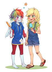 Size: 1100x1500 | Tagged: safe, artist:dcon, applejack, rainbow dash, equestria girls, :p, anime, appledash, barefoot, clothes, cute, dashabetes, feet, female, food, hoodie, jackabetes, jumper, lesbian, popsicle, sandals, shipping, silly, simple background, stars, tongue out, white background, younger