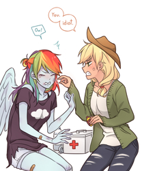 Size: 1000x1200 | Tagged: safe, artist:dcon, applejack, rainbow dash, human, equestria girls, g4, bandaid, bruised, clothes, cross-popping veins, eyes closed, female, first aid kit, gritted teeth, humanized, lesbian, ponied up, ship:appledash, shipping, tsundere, winged humanization, wings