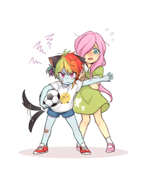 Size: 1000x1200 | Tagged: safe, artist:dcon, fluttershy, rainbow dash, kemonomimi, equestria girls, g4, anime, ball, bandaid, blushing, cat ears, cat tail, catgirl, clothes, crying, cute, dashabetes, dress, female, football, lesbian, looking at you, mary janes, open mouth, protecting, ship:flutterdash, shipping, shirt, shoes, shorts, shyabetes, skirt, sneakers, socks, sports, younger